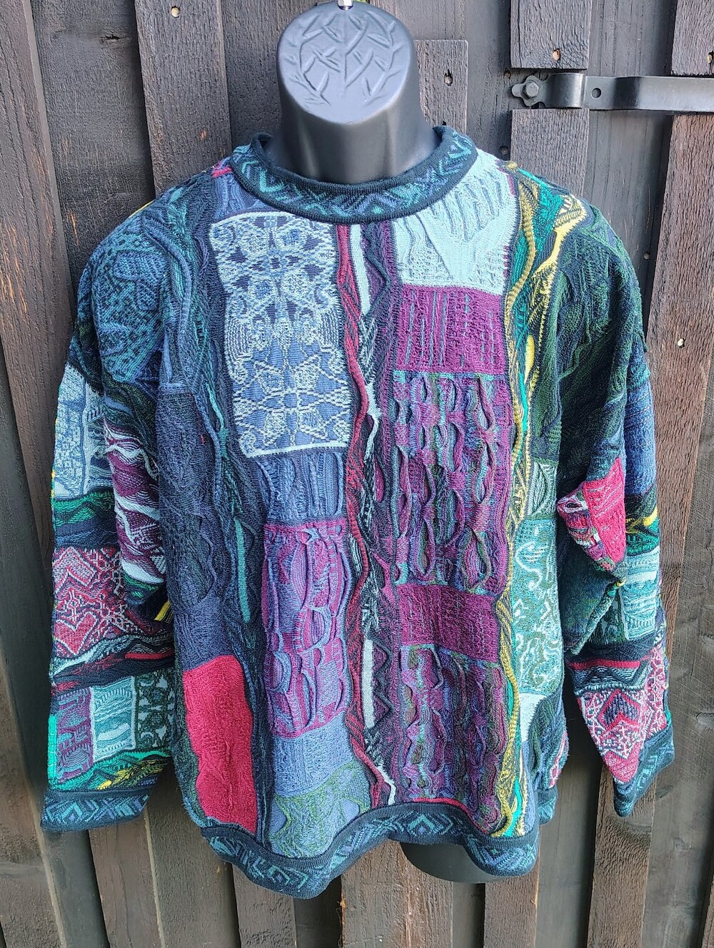 Men's COOGI Multicolor Patchwork Cable Knit Crewneck Sweater
